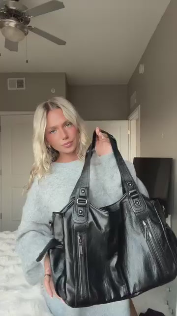 Sac à main vintage SIA en cuir végan noir élégant avec bandoulière ajustable